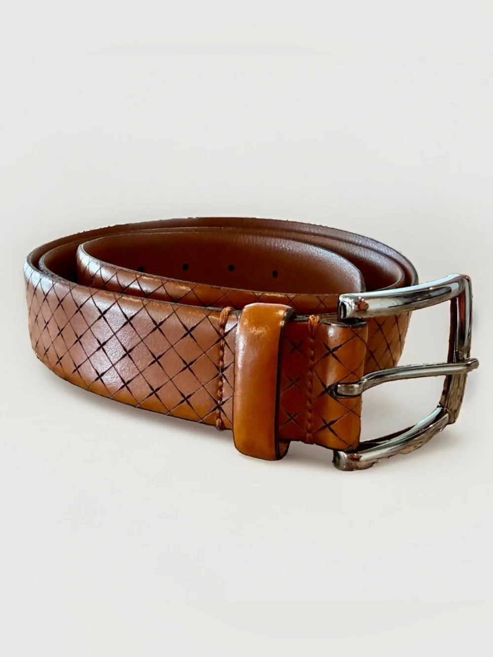 Allen Edmonds Brown Italian Leather Houndstooth Belt 44 Made In Italy Mens NWOT
